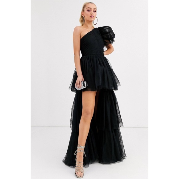 Lace & Beads One Shoulder Tulle Maxi Dress with Thigh Split in Black - Picture 3 of 4